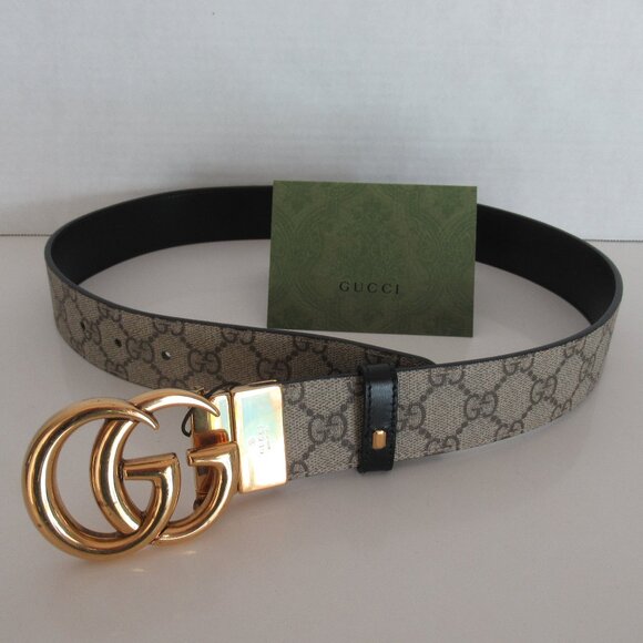 Gucci GG Marmot Logo Reversible Belt Size 80•32 Beige Canvas and Black Leather main image 7